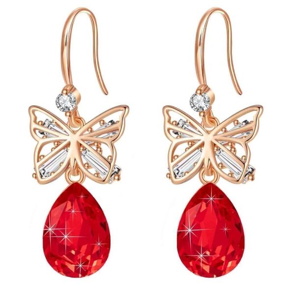 14K Rose Gold with Ruby Red Austrian Crystal Butterfly Teardrop Hook Earrings